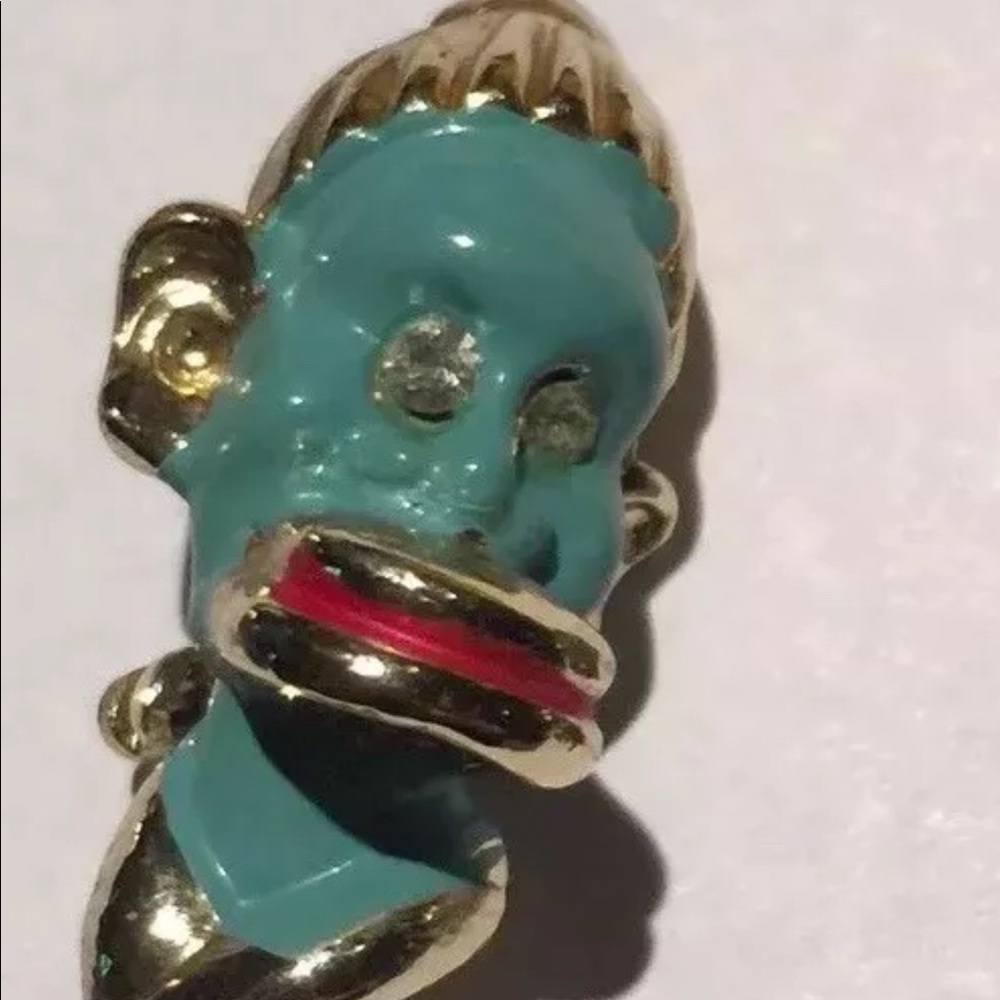 TRIBAL PIN TEAL FACED WITH A LIP PLATE RED LIPS White Crystal /Diamond like Eyes - Picture 1 of 8